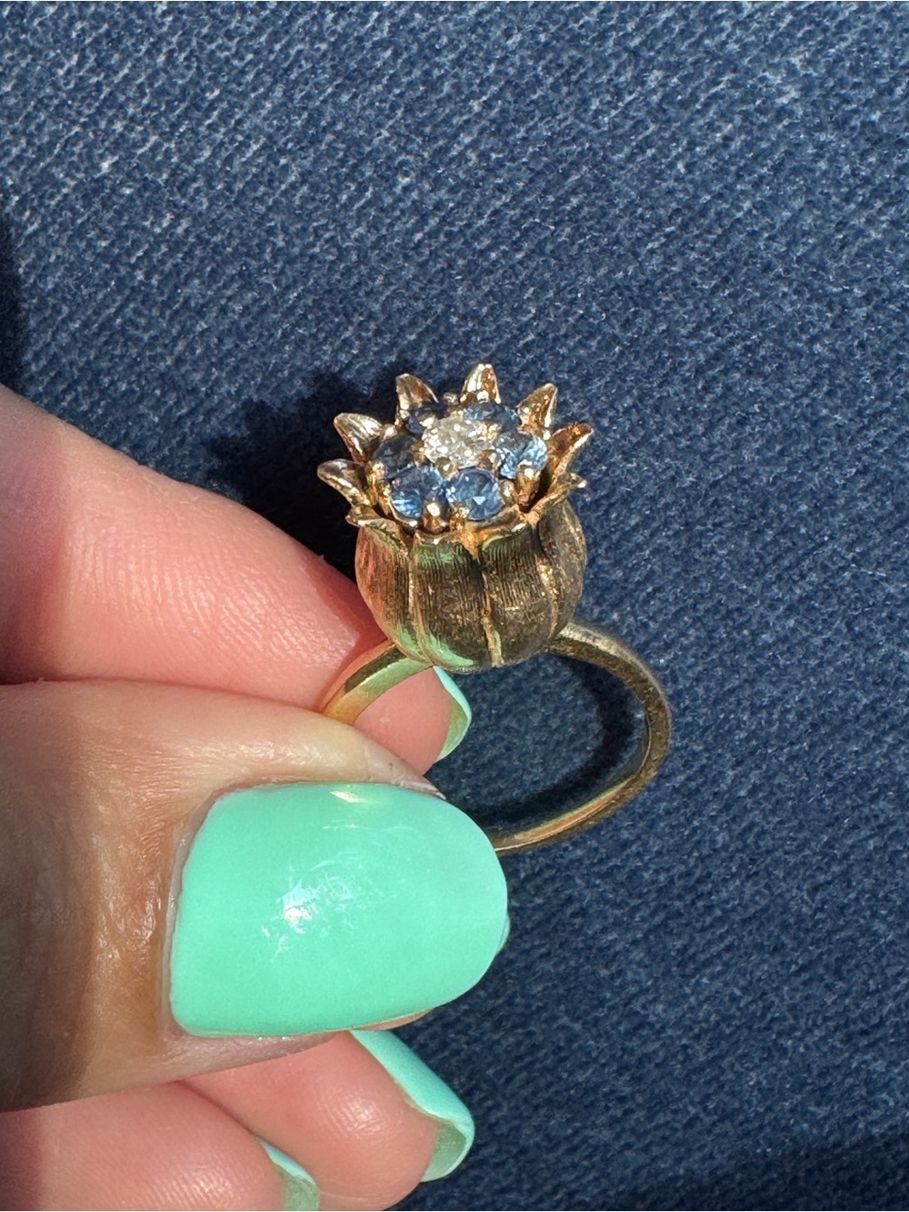 Stunning Rare - Vintage 14k Yellow gold Sapphire And Diamond Tulip Ring - Picture 8 of 10